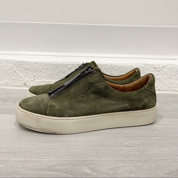 Frye Lena Slip-On Low Top Sneakers Green Suede Zip Front Platform Size 7 - Picture 3 of 9